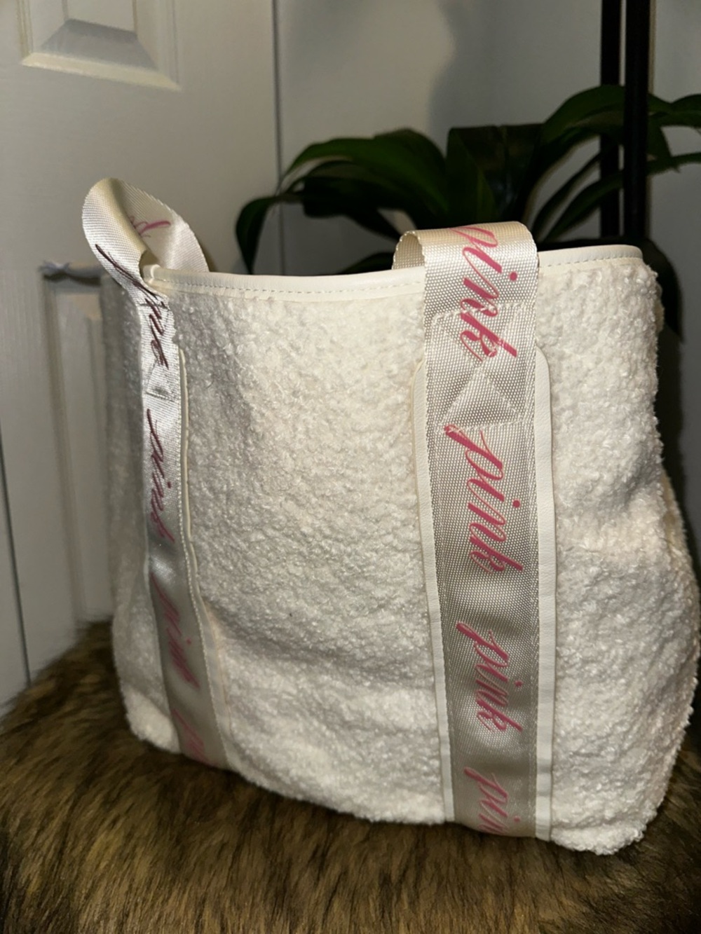 PINK Victoria's Secret Cream Sherpa Tote with Pink Branded Straps